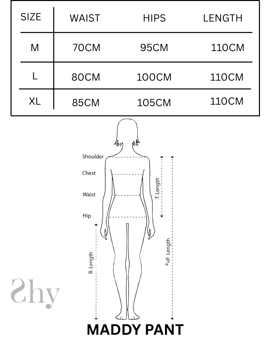 Size Chart for MADDY PANTS