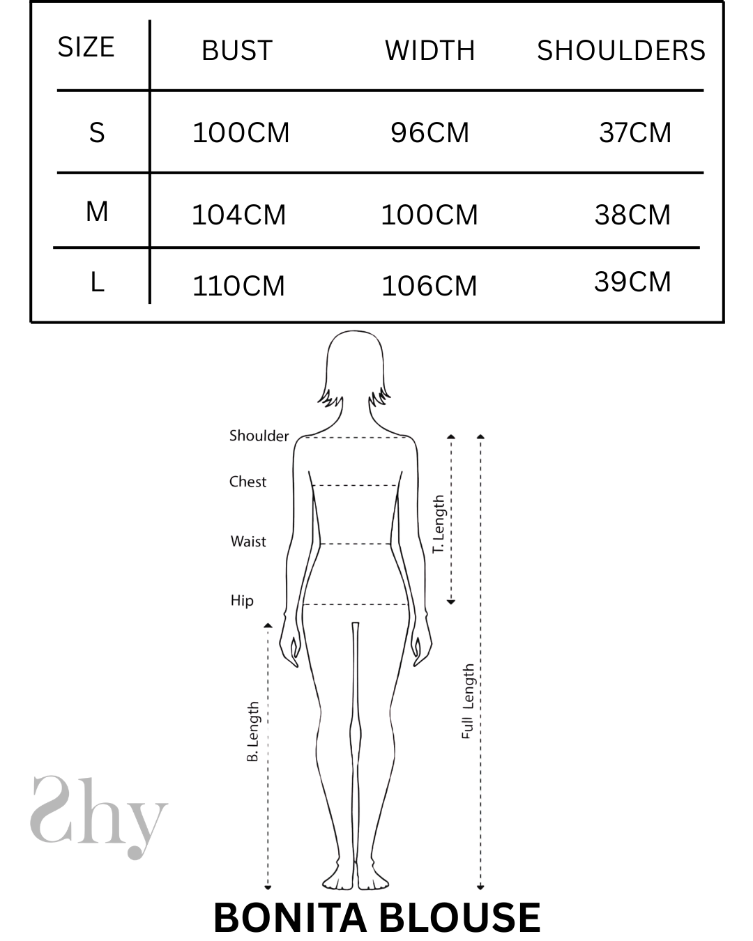 Size Chart for BONITA BLOUSE