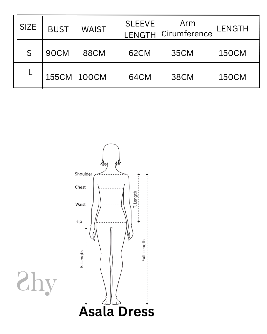 Size Chart for ASALA DRESS