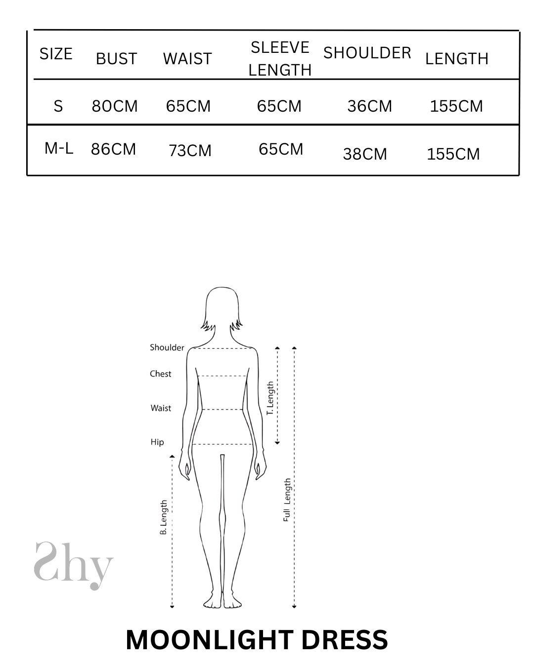 Size Chart for MOONLIGHT DRESS