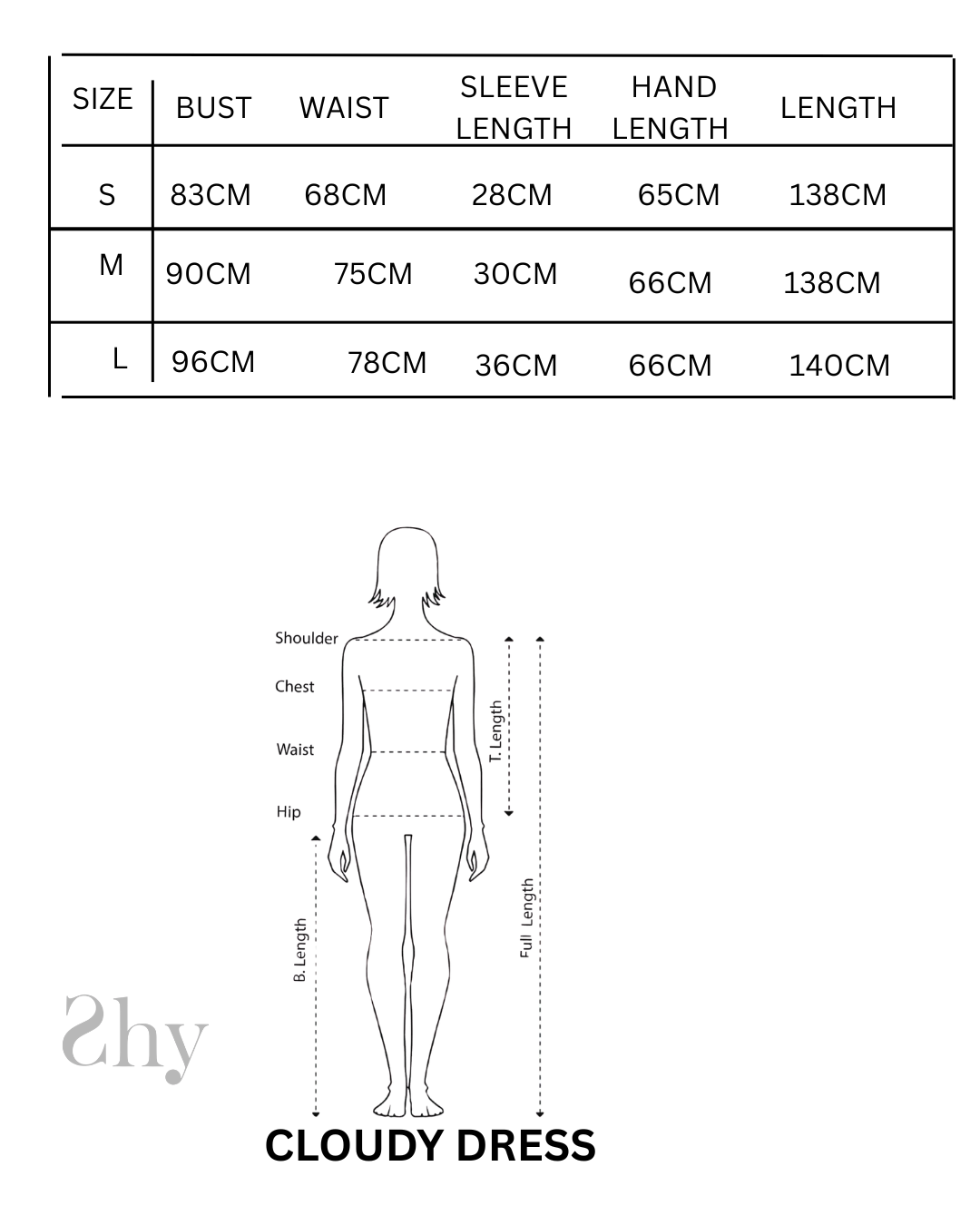 Size Chart for CLOUDY DRESS