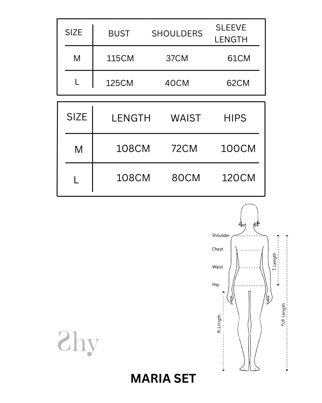 Size Chart for MARIA SET