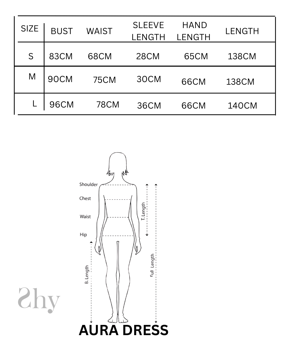 Size Chart for Aura Dress
