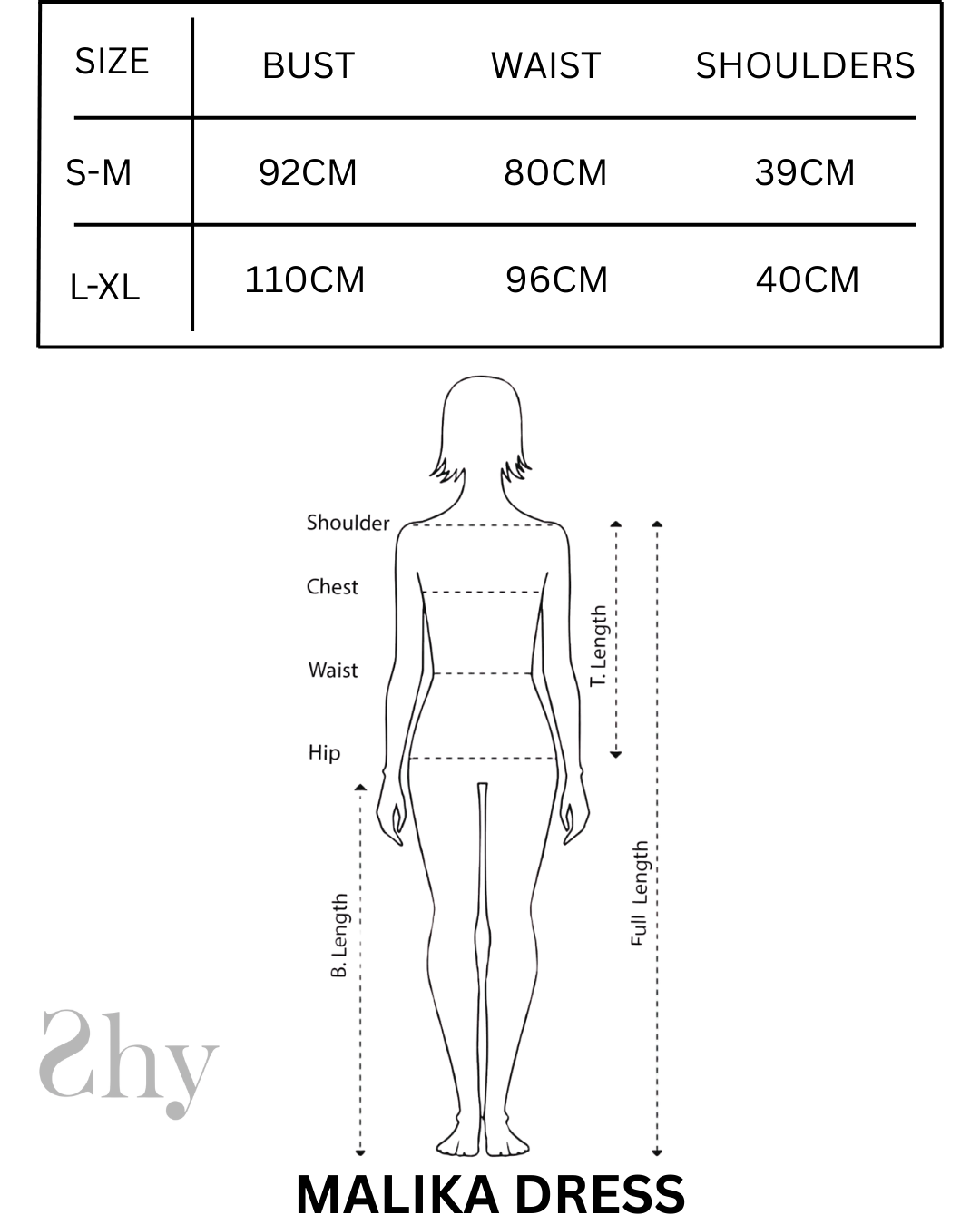 Size Chart for MALIKA DRESS