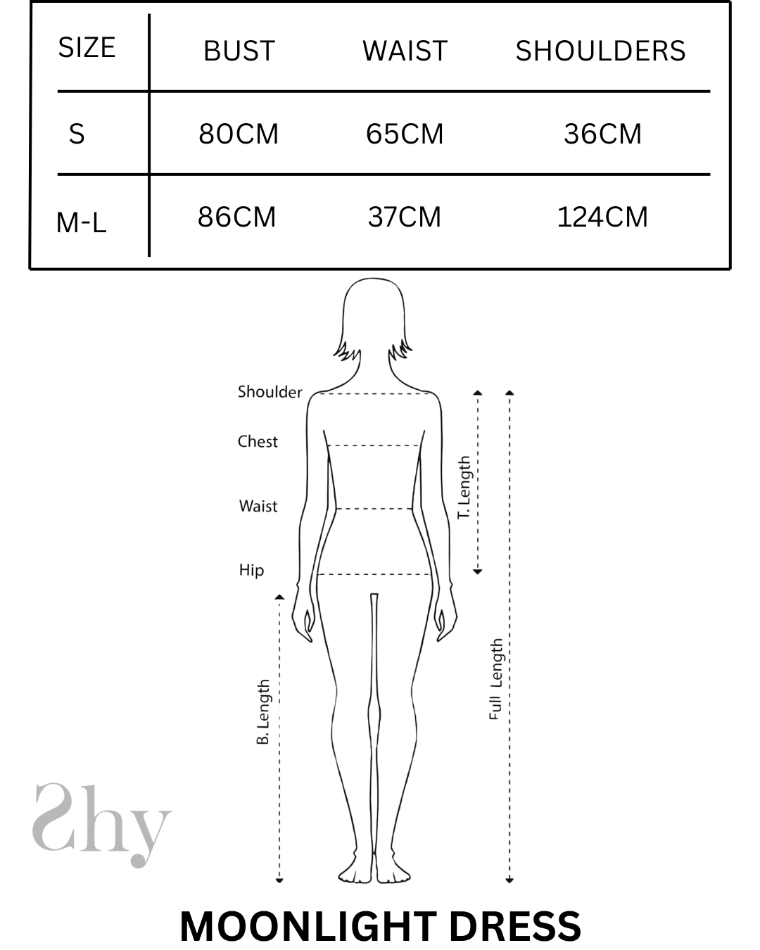Size Chart for MOONLIGHT DRESS