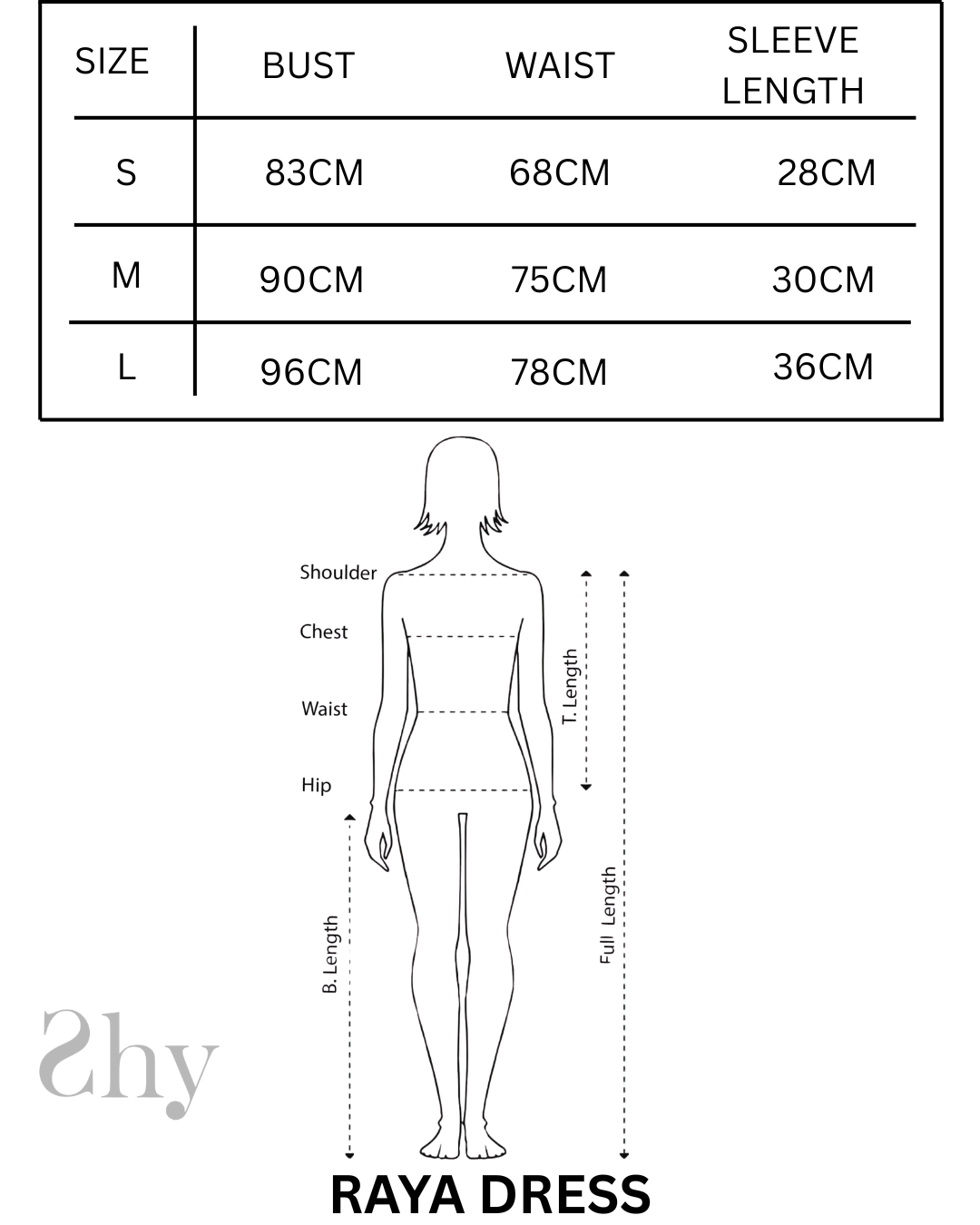 Size Chart for RAYA DRESS