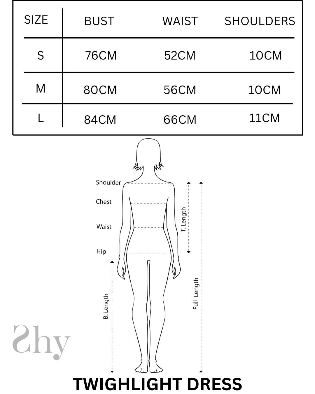 Size Chart for TWILIGHT DRESS